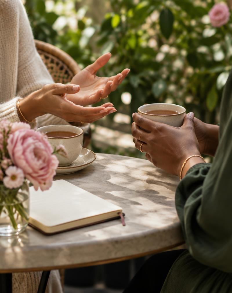Two women sharing a warm conversation over tea